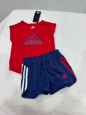 Girl’s Adidas Red Tee with Navy Athletic Shorts Set